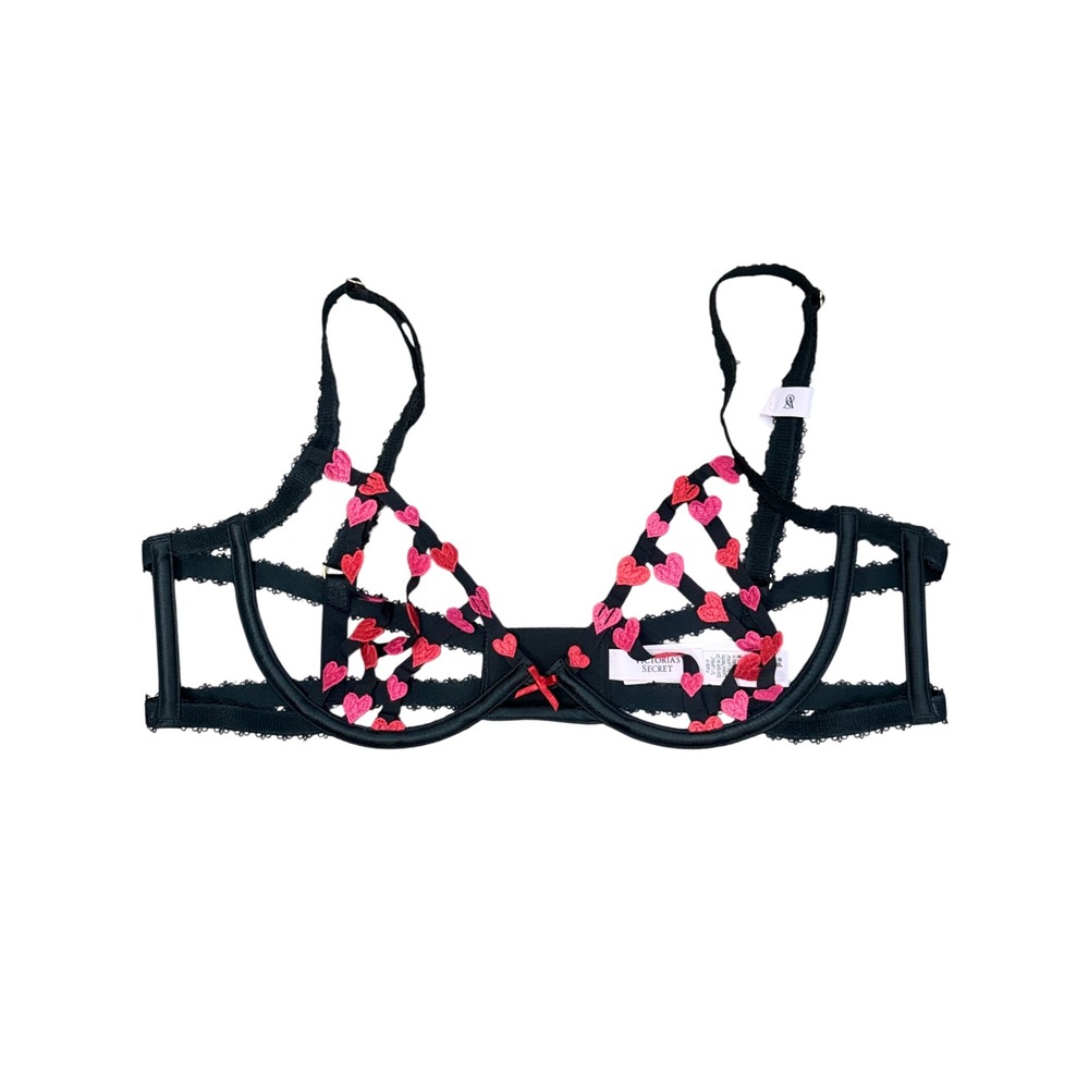 Victorias Secret Heart Embroidered Unlined Strappy Bra Black Pink Size L NWT